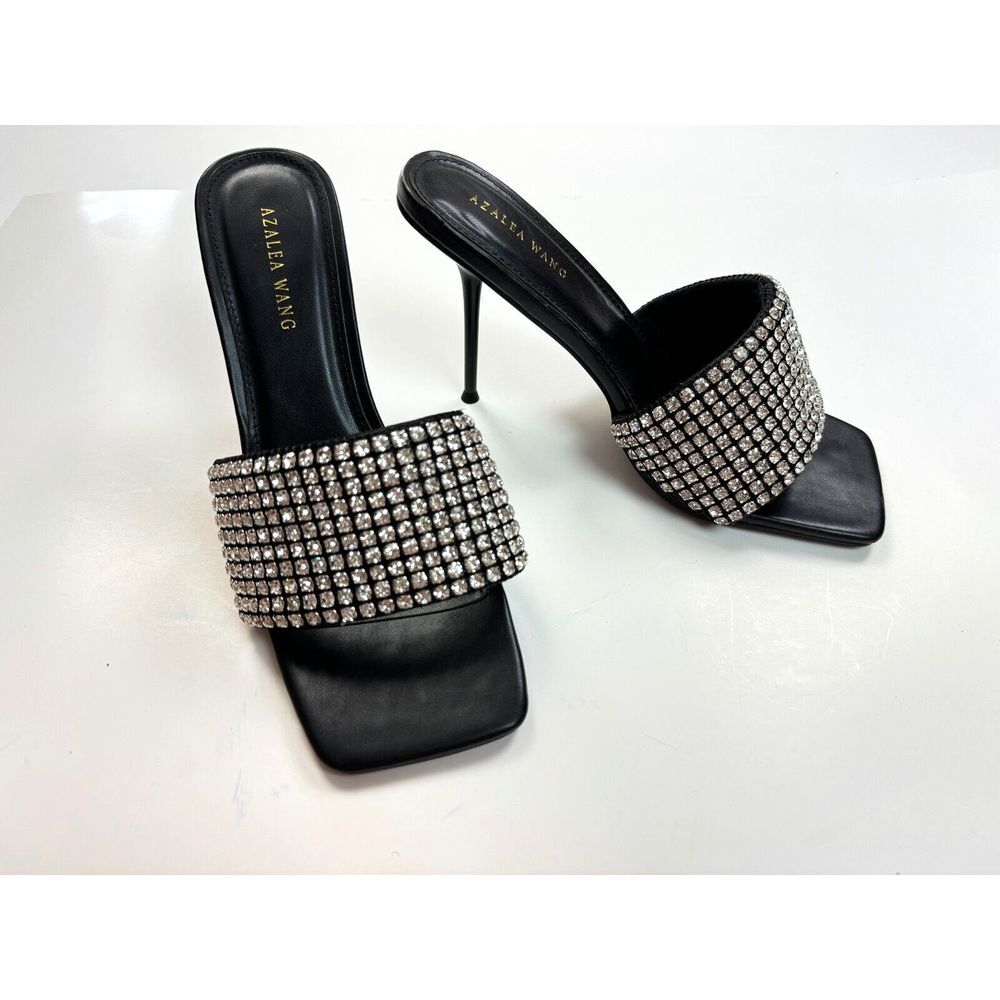 Azalea Wang Akira Timmer Black Heels Women 8.5 NWOB Square toe Rhinestone